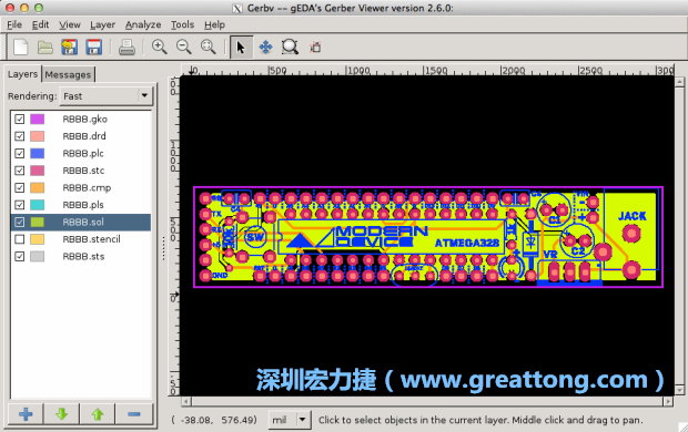 將圖層匯入你的Gerber預(yù)覽工具內(nèi)（下圖為Gerbv），我通常會(huì)從上到下重新排列它們的順序，好讓我比較好校對(duì)：